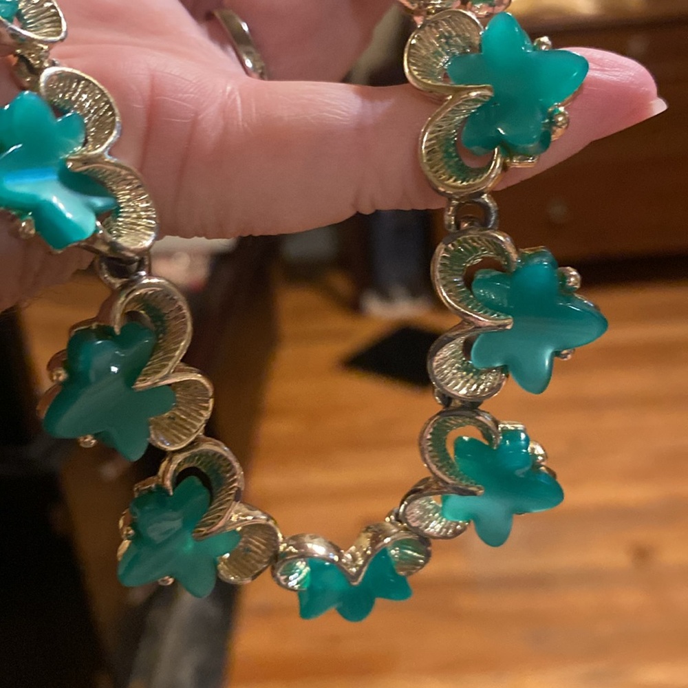 Vintage Thermostat Gold and Teal Floral Necklace - Picture 3 of 6